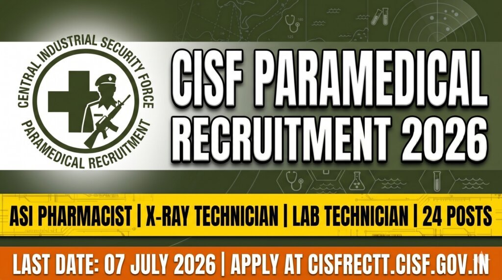 CISF Paramedical Recruitment 2026 - ASI Pharmacist X-Ray Technician Lab Technician 24 Posts Apply Online